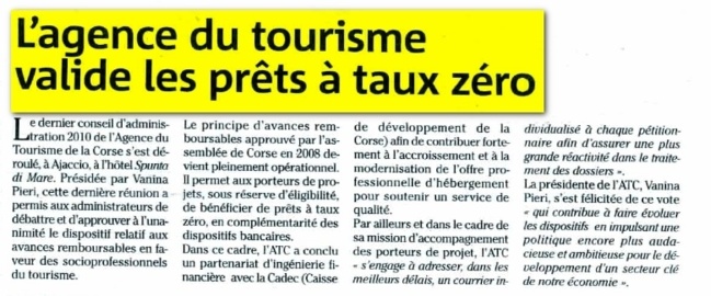 Corse Matin : L'agence du tourismes valide les prêts à taux zero